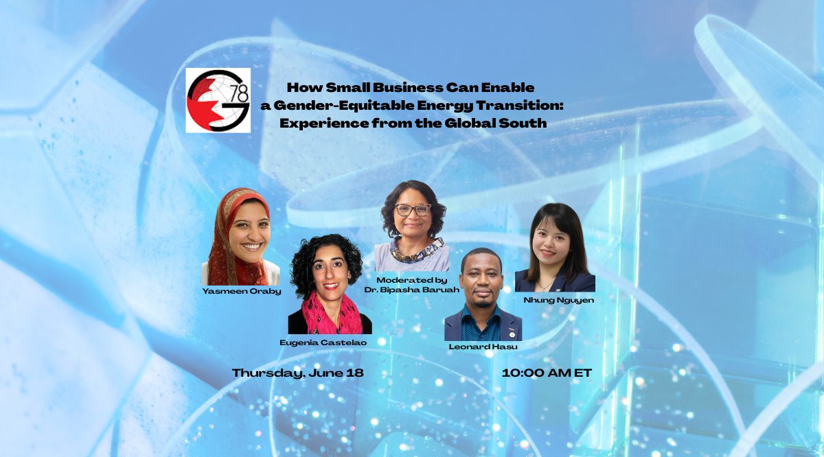 Event title: How Small Business Can Enable a Gender-Equitable Energy Transition: Experience from the Global South Photos of the 4 speakers and moderator